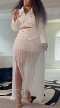 White Blazer Pleated Maxi Skirt Suit