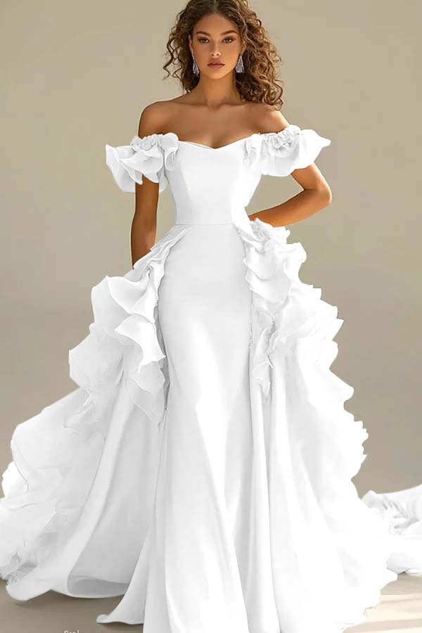 Off the Shoulder Sleeveless Long Mermaid Prom Dress With Ruffles JQ0149