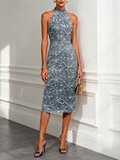 Deep Blue Jacquard Denim Dress Halter Neck Sleeveless Sheath Midi Dress