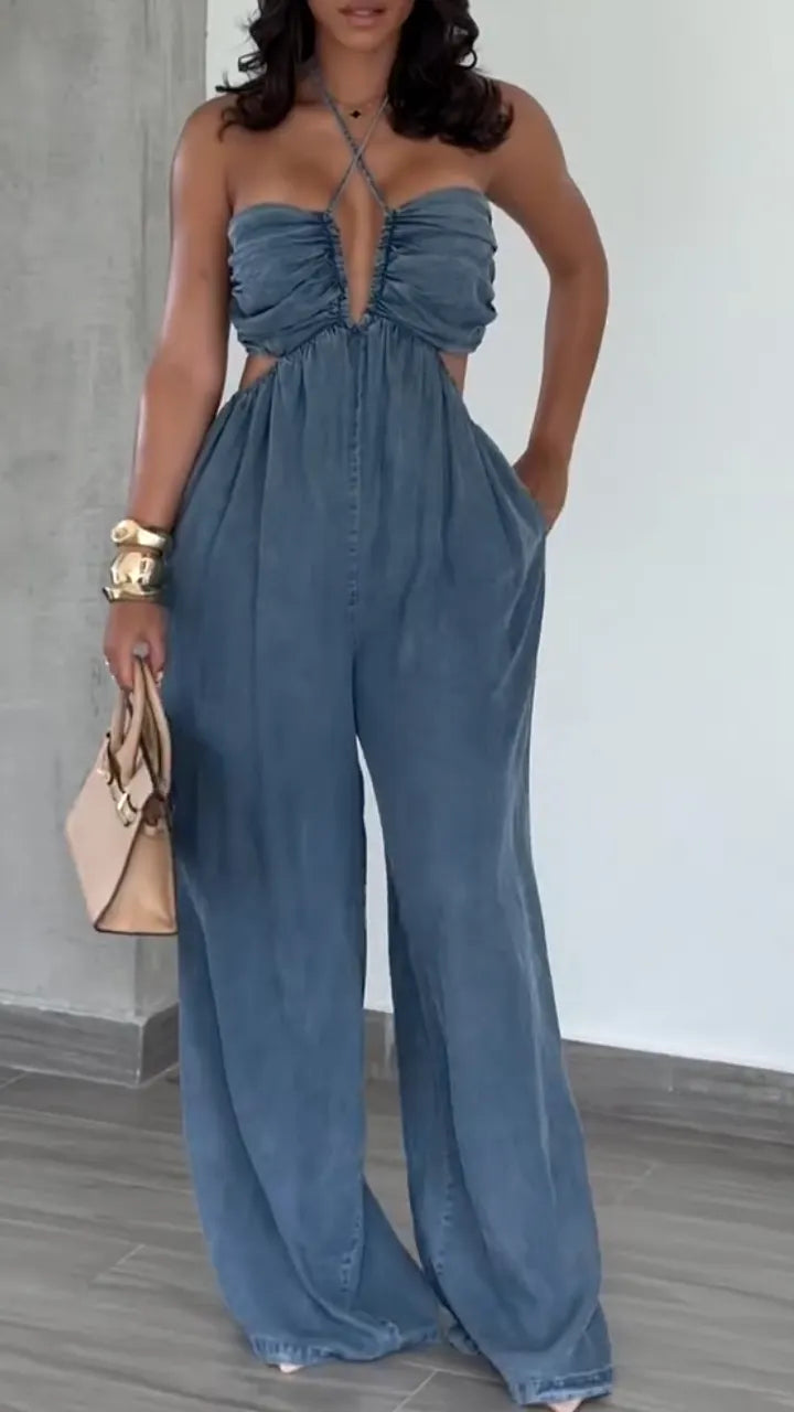 Halter Cutout Tencel Denim Wide Leg Jumpsuit