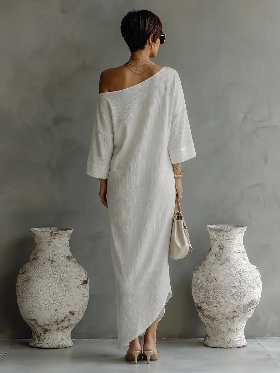 Women's Ivory White Cotton-Linen Blend One-Shoulder Flowing Elegant Dress MDA3032K4T