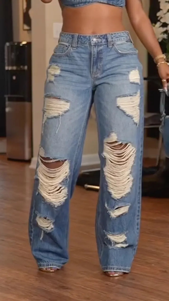 Ripped Distressed Wide‑Leg Jeans