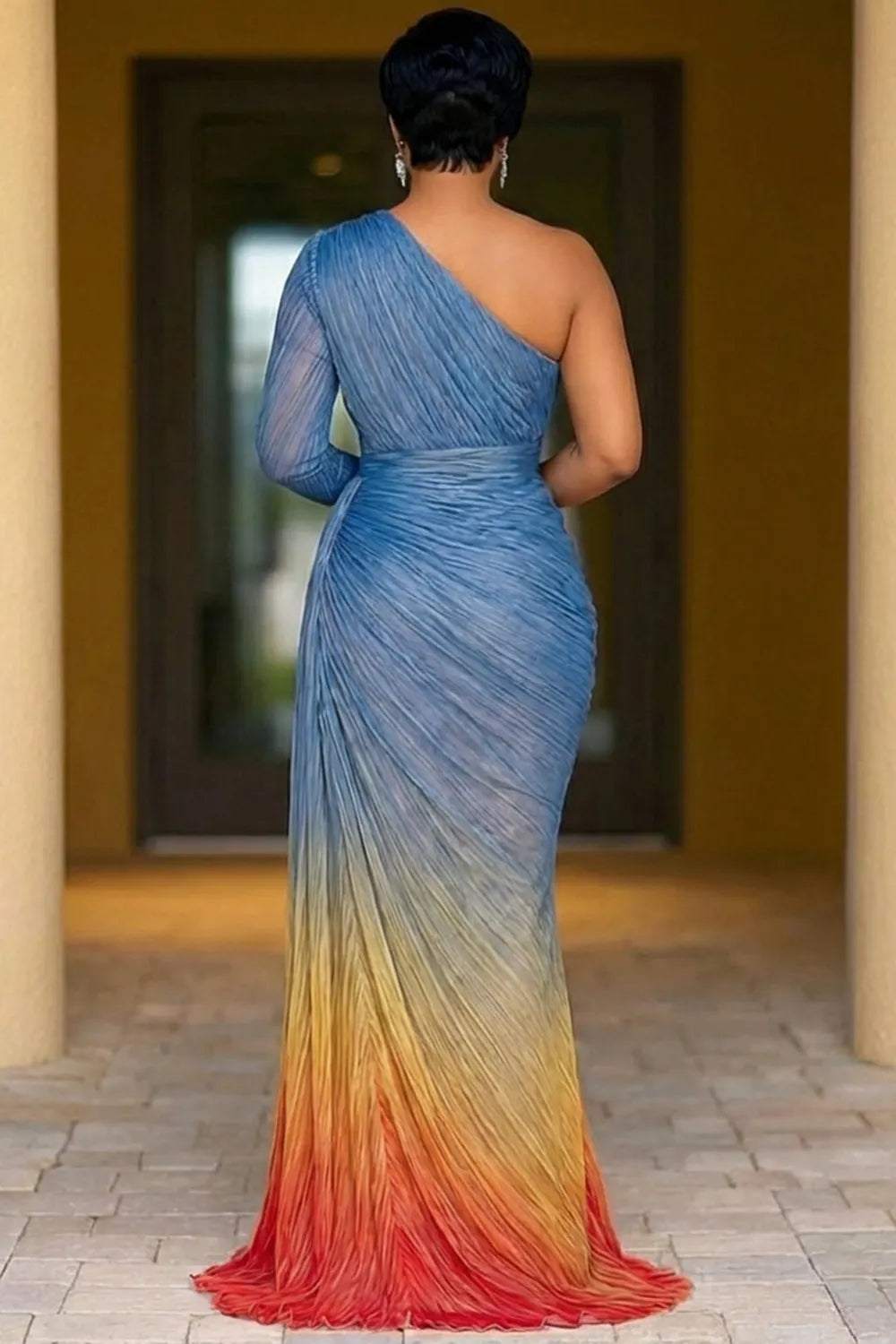 One Shoulder Cinch Waist Ruched High Slit Party Maxi Dresses-Blue