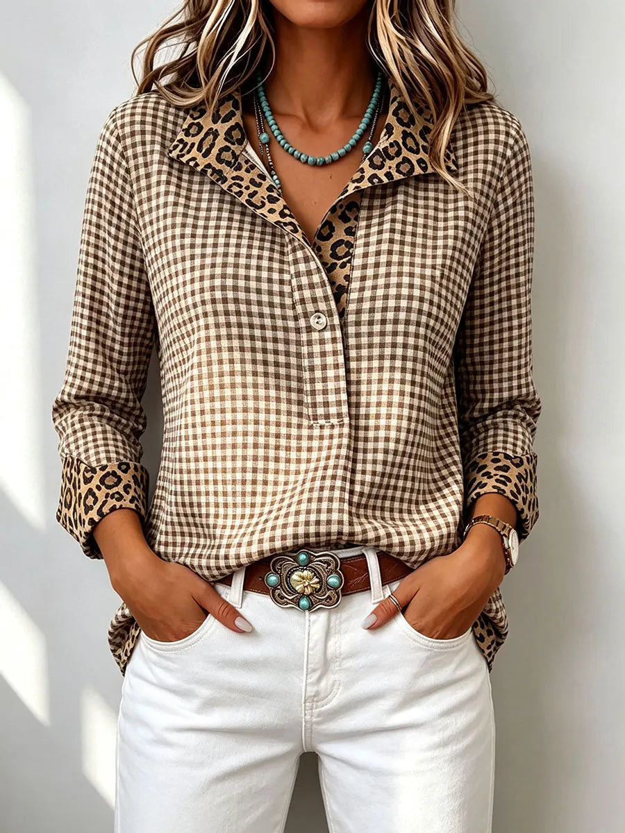 Stylish Plaid Leopard Contrast Long-sleeve Cotton Shirt Top
