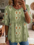 Ethnicity Totem Pattern Women's Art Casual Round Neck Linen T-shirt