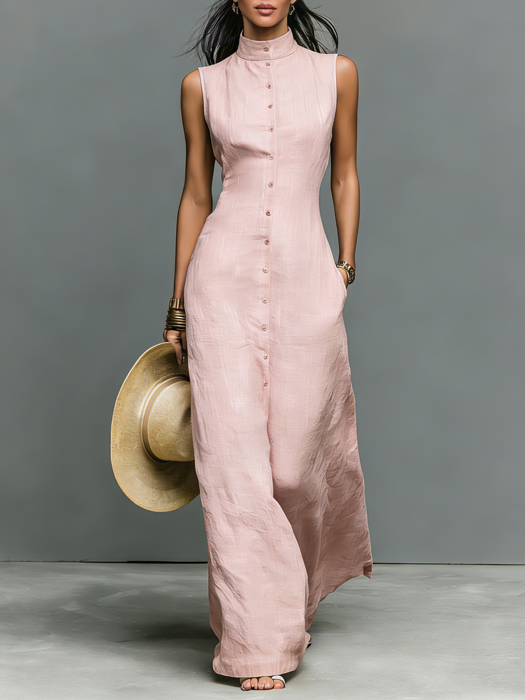 Women's Minimalist Linen-Blend Stand-Collar Single-Breasted Sleeveless Maxi Dress MDZ1049C1Y