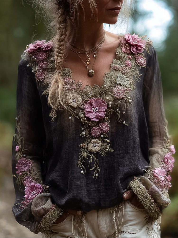 Bohemian Style Round Neck Long Sleeve 3d Purple Flower Design Cotton And Linen Top For Women