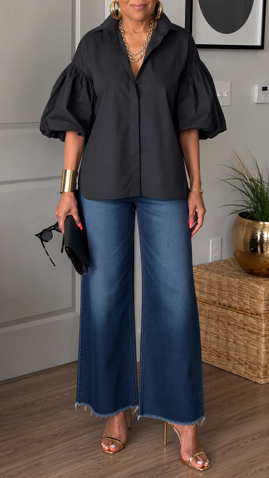 Puff Bubble Short Sleeve Button Down Shirt