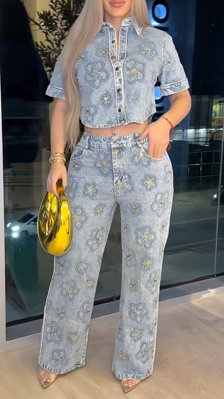 Light Wash Gold Floral Embroidered Denim 2 Piece Set,