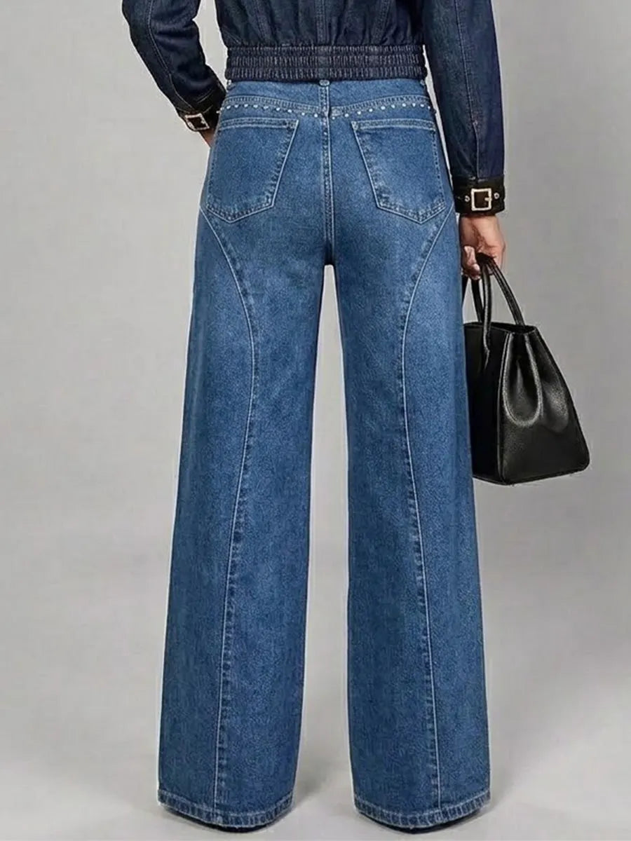 Curved Rhinestone High Waist Wide Leg Jeans