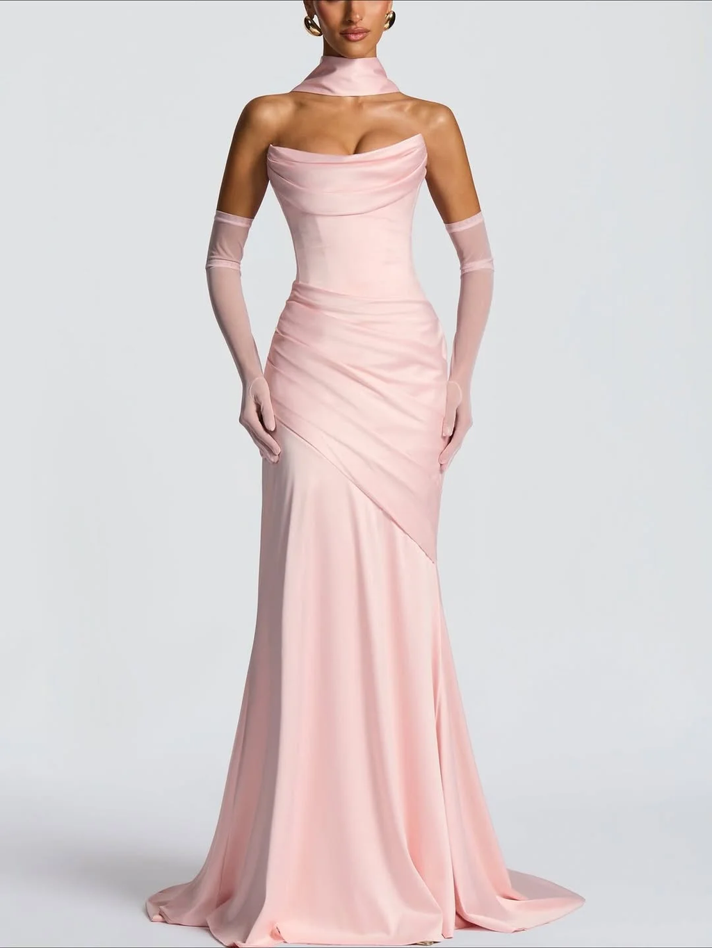 Strapless Sleeveless Long Pleated Mermaid Prom Dress With Ruffles And Gloves YK0718