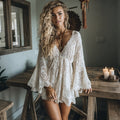 Women's Holiday Casual Elegant High-Waisted Flared Sleeve Oversized Lace Dress Cover-Up