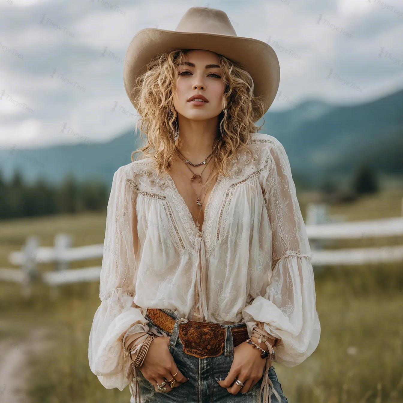 Outdoor Retro Bohemian Style Lightweight Lace Chiffon V-neck High-waisted Long-sleeved T-shirt Top