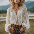 Outdoor Retro Bohemian Style Lightweight Lace Chiffon V-neck High-waisted Long-sleeved T-shirt Top