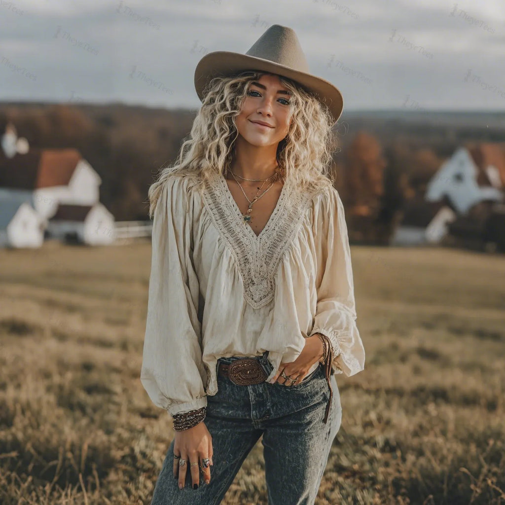 Outdoor Retro V-Neck Loose Comfortable Long-Sleeve Linen T-Shirt Top
